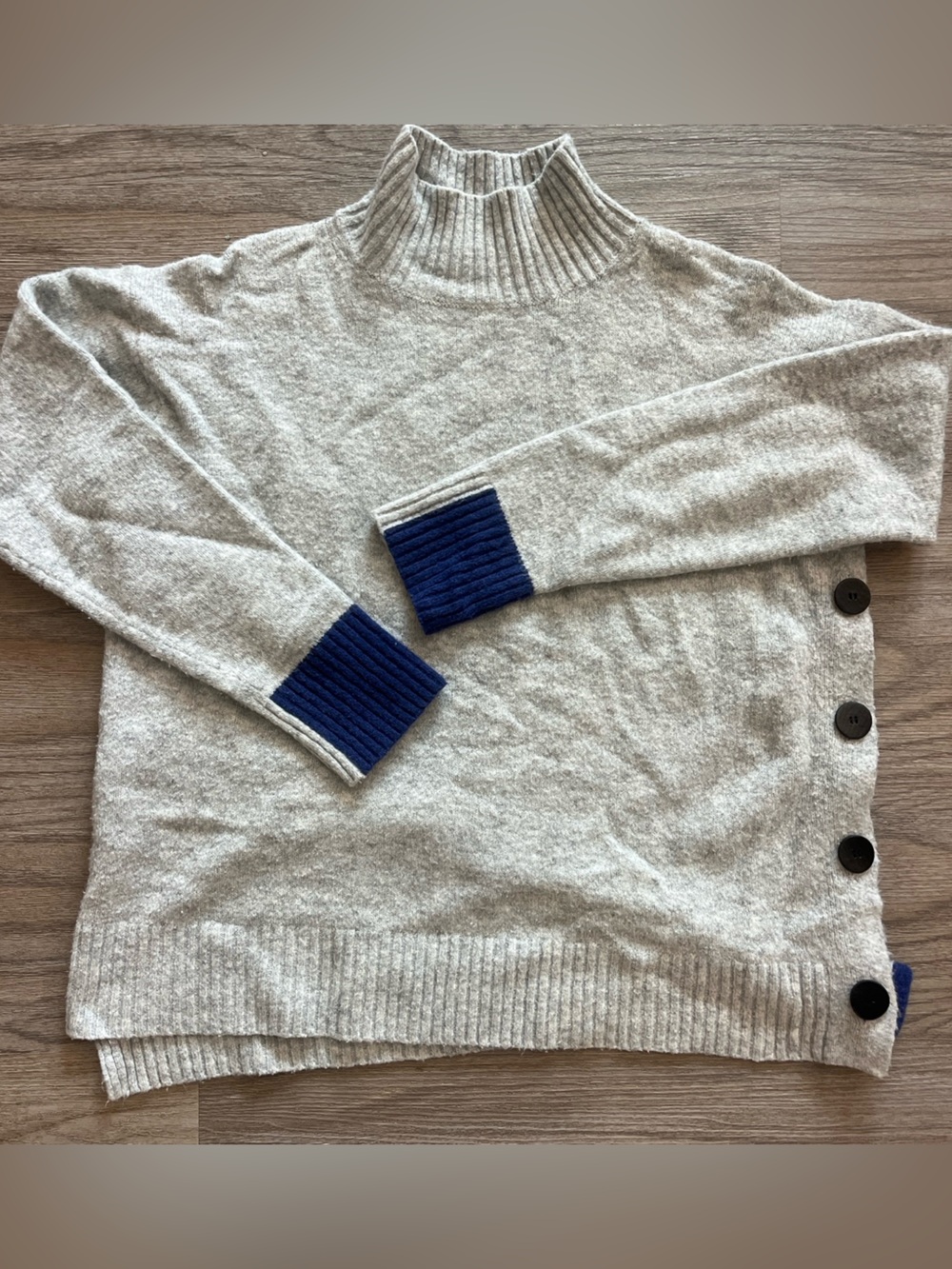 Women's Light Gray Turtleneck Sweater with Navy Cuff Detail